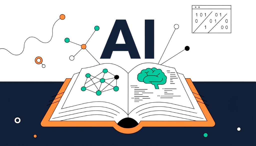 Traduction par IA — livre avec réseau de neurones et motifs de cerveau
