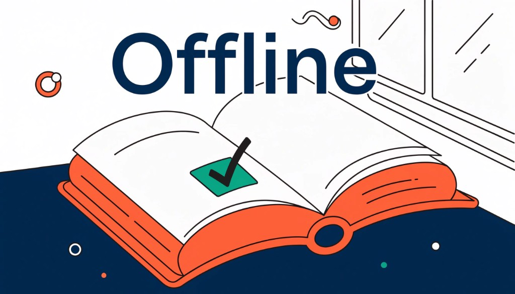 Traduction Offline — livre ouvert avec une coche, prêt sans réseau