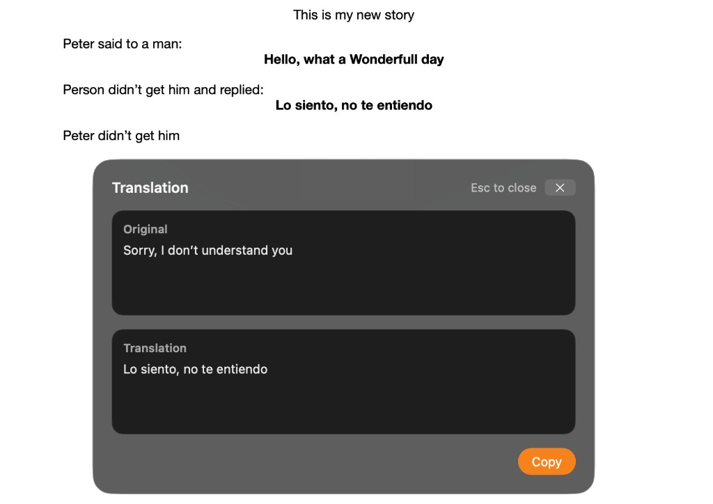 Fenêtre de traduction flottante affichant le texte original et la traduction avec Copie