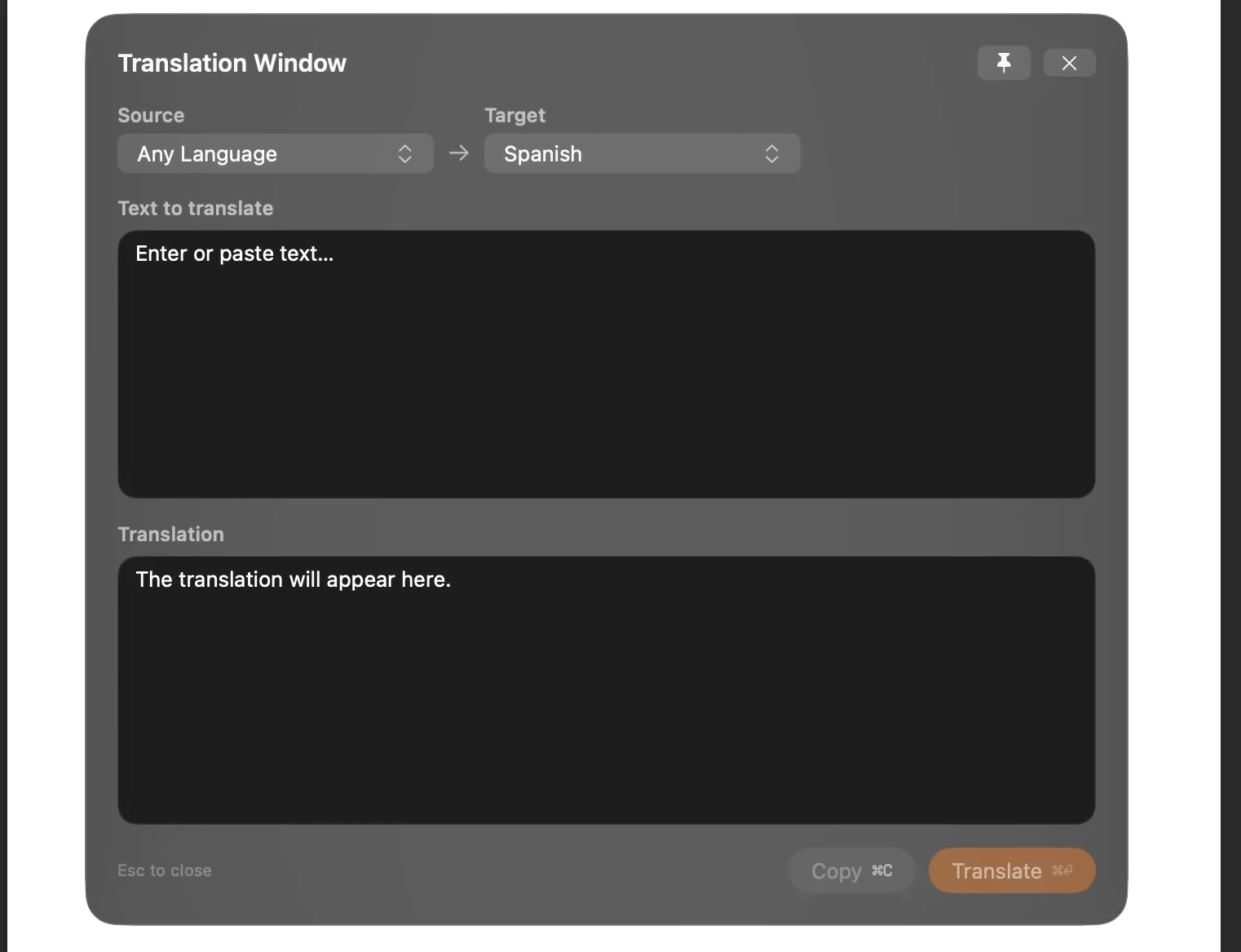 Translation Window — collez ou tapez du texte et traduisez sans sélection