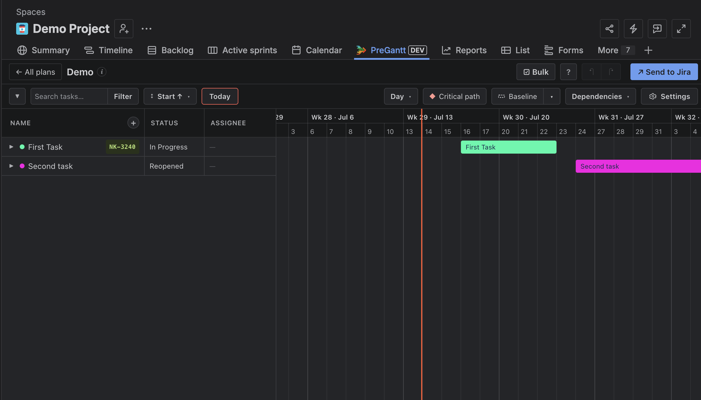 Pestaña Preplanning Gantt dentro de un proyecto Jira — Summary, Backlog, Preplanning Gantt, Reports