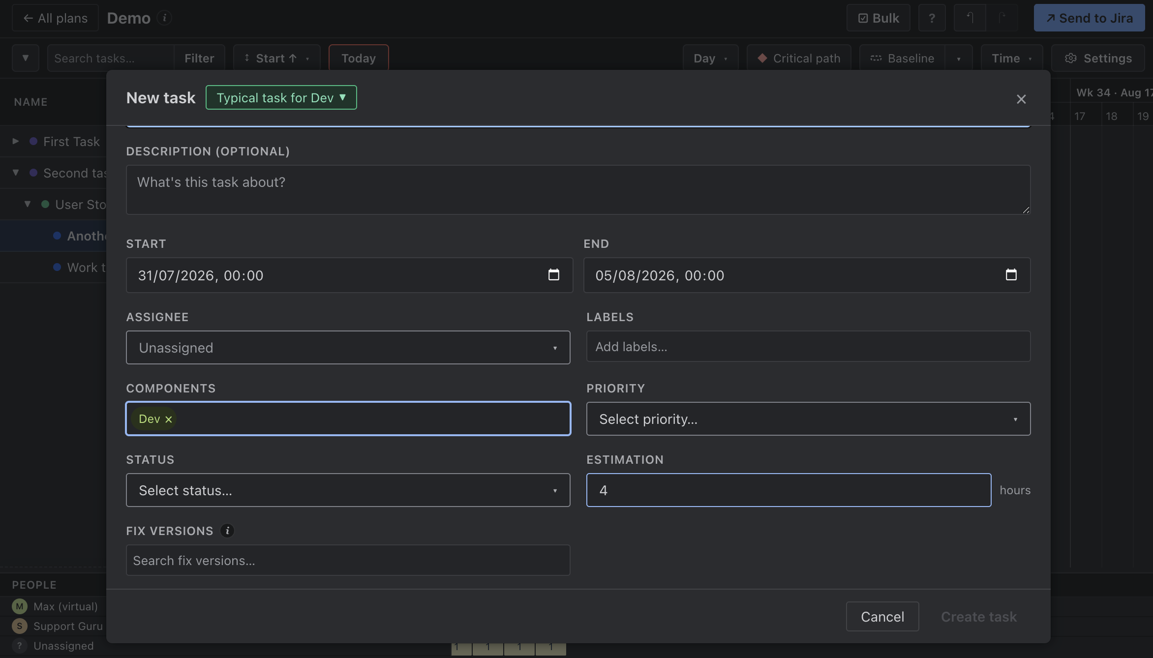 Nueva tarea — elige una plantilla y rellena previamente Components, Estimation y más
