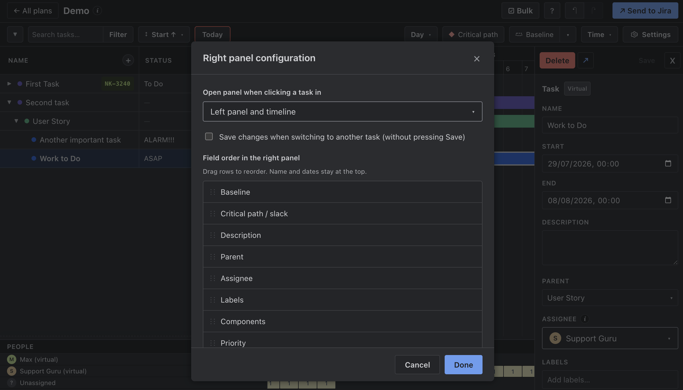Configuración del panel derecho — reordena campos y elige cuándo se abre el panel