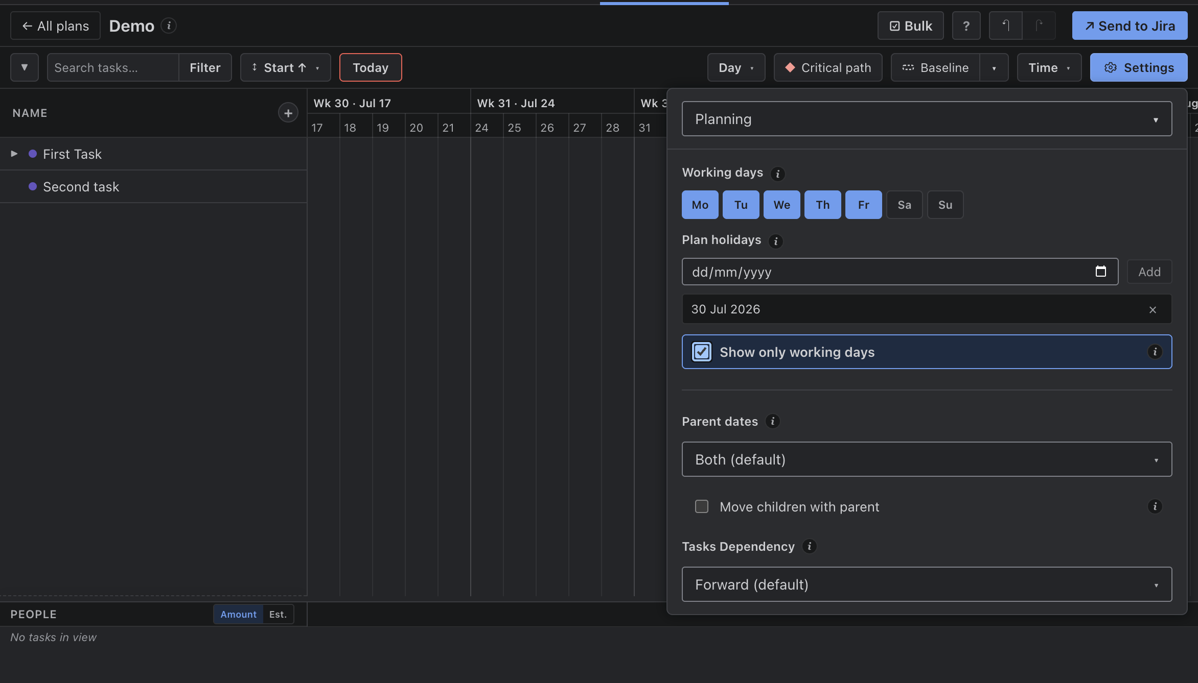 Settings — elige días laborables y añade festivos del plan